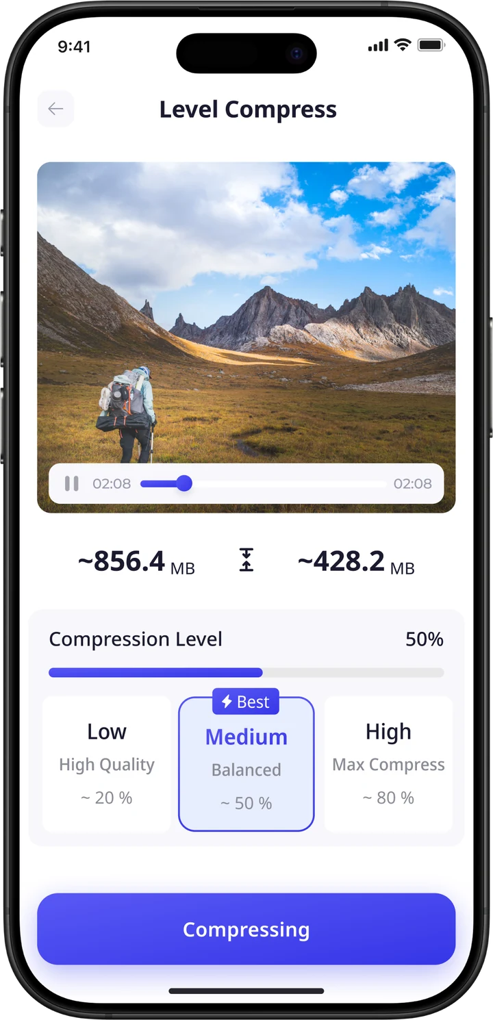 Level Compress screen with Low, Medium and High compression options